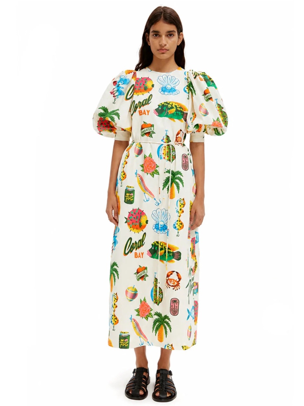 Alemais Coral Bay Print Puff-Sleeve Maxi Dress - White